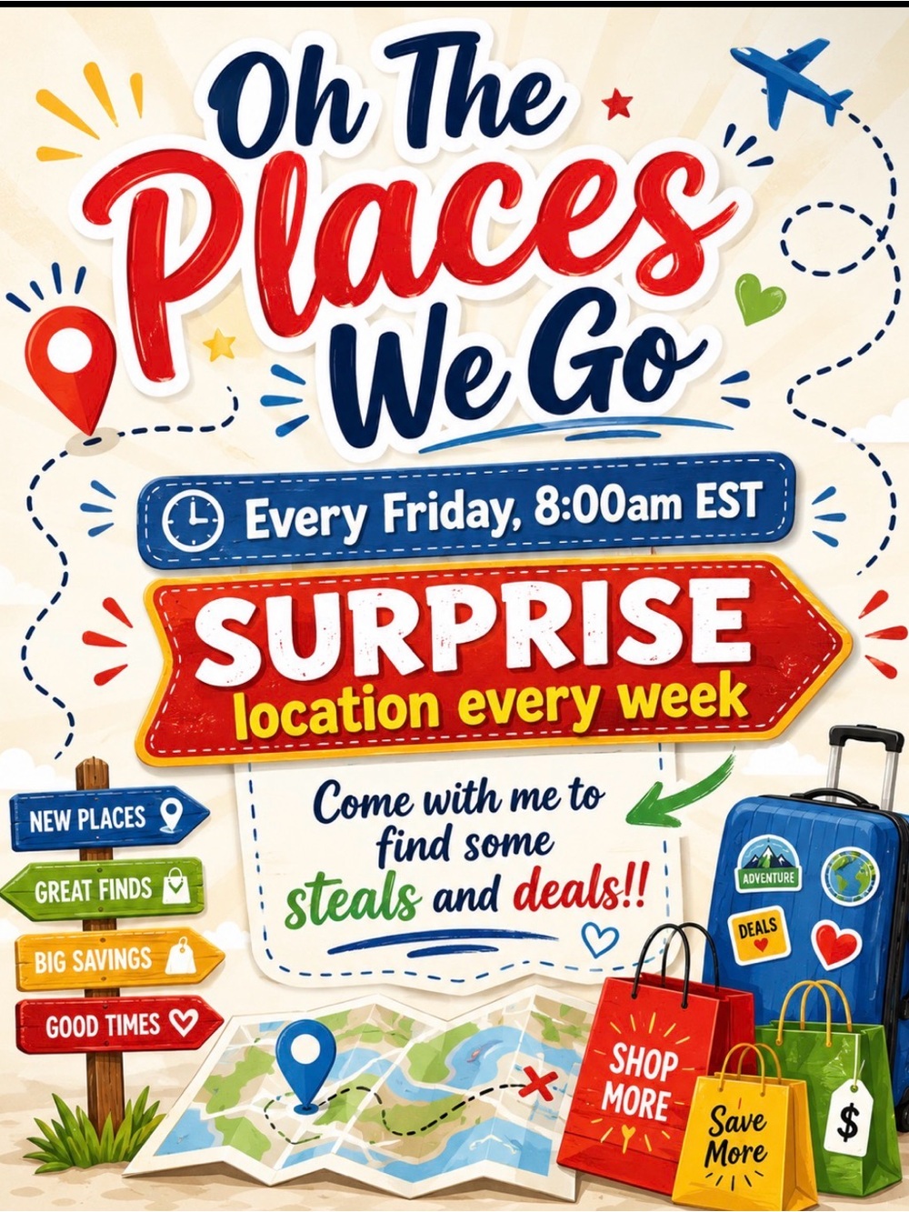 Oh The Places We Go Surprise Location Party Poster - Red & Blue